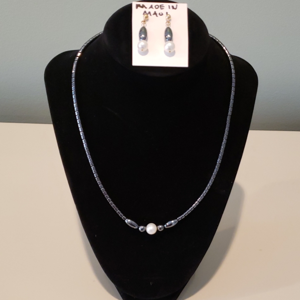 Pearl hematite necklace and earring set